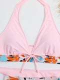 2026 Summer Women's Print Patchwork Swimsuit Sexy Deep V Neck Back Lace-up Swimwear High Waist Shorts Tankini Bathing Suit Beach