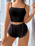 Women's Pajama Set Solid Color Camisole Crop Top and Ruffle Shorts, Sleeveless Soft Sleepwear, Summer Loungewear Outfit