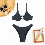 2026 New Women's Underwire Bikini Set,solid Color 2-piece Pit Striped Swimsuit,Fashion Sexy V-neck Bathing Suit with Chest Pad
