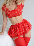 Women's Polka Dot Shoulder Revealing Puffy Skirt Set Sexy Lace Top Skirt Thongs Underwear Suits Mesh Perspective Exotic Sets