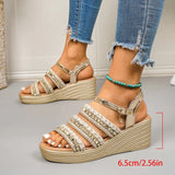 Women's Wedge Heel Platform Sandals Rope and Rivets Decor Chunky Sandals Women Fashion Plus Size 43 Ankle Buckle Rome Sandles