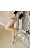 White Polka Dot Mesh Peep Toe Chunky Block Heel Platform Back Zipper Ankle Sandal Boots for Women