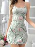 Summer Sleepwear Vintage Green Floral Print Nightdress Women Nighties Slip Sleep Dress Nightgown Comfortable Home Wear
