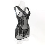 Toucheart 2PCS Lace See-through Hollow Out Sexy Interesting Thin Model Pajamas Panty Slim High Waisted Women Sexy Pajamas Set