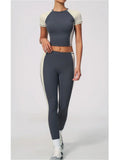 Nake Yoga Set Women's Tracksuit Color Contrast Short Sleeve Slim Sports T Shirts High Waist Leggings Fitness Clothes Gym Outfits