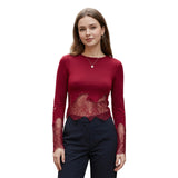 Women's Spring Summer Round Neck Tops Solid Color Long Sleeve Slim Fit Party Lace Patchwork T-shirts