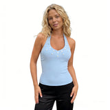 Women's Summer Halter Neck Tops Button Front Decor Sleeveless Tank Backless Slim Fit Summer Vest