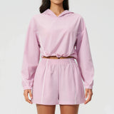 Summer Sun Protection Yoga Suit Women Contrasting Colors Long Sleeve Hoodies Top High Waist Shorts Running Fitness Athletic Wear