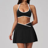 Summer New Outdoor Breathable Yoga Sets Women Color Block Shockproof Sports Bra Tennis Pleate Skirt Gym Workout Fitness Suits