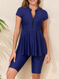 Short Sleeves Two Pieces Swimsuit Women 2026 Zipper Swimwear Female Solid Beach Dress Bathers Bathing Swimming Swim Suit