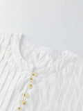 Summer Women's Ruched White Shirts Solid Color Bubble Short Sleeve Button Down Tops Casual Fashion Blouse
