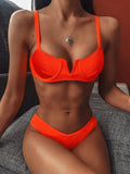 Sexy Ribbed Underwired V-bar Bikini Women Swimsuit Female Swimwear Two-pieces Bikini Set High Cut Bathing Suit Swim Beach Wear
