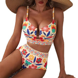 Women Sexy Floral Bikini High Waist Tummy Control Floral Bikini U Line Cross Back Padded Bikini Two Piece Beach Swimsuit