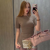 FDYOUI Women O-neck Short Sleeve Solid T-shirts 2026 Summer Chic Ruched Bandage Corset T-shirt Female Tunics Irregular Crop Tops