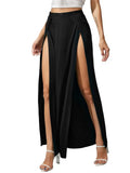 Women's Elastic High Waist Skirts Solid Color Side High Split Loose Fit  Long Skirts Beachwear