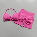 2PCS Backless Sports Bra High-Waisted Yoga Shorts Set Sexy Neck Hanging Design Abdomen Hip Lifting Fitness Outfit