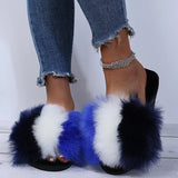 Mix Color Faux Fur Cotton Slippers for Women Open Toe Non Slip Plush Slippers Woman 2025 Lightweight Indoor Flats Slides Mujer