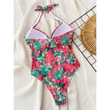 Printed Halter V Neck With Bra Cup One Piece Swimsuit Women Swimwear Female Monokini High Leg Cut Bather Bathing Suit Swim V5739