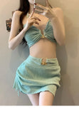 Korean Cover Up 3 Piece Bikini Set 2025 Swimwear Women Green Metal Strap Push Up Drawstring Skirt Swimsuit Beach Bathing Suits