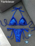 Sequins Halter Bikini Female Swimsuit Women Swimwear Two-Pieces Bikini Set High Cut Leg Padded Bather Bathing Suit Swim V8302