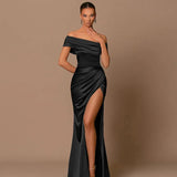 Elegant Satin Solid Color Off-Shoulder Women's Long Dress Sexy High-Waisted Flim Slit Pleated Dress for Lady Party Wedding