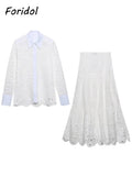 Spring Women Summer White Lace Dress Set Hollow Out Embroidery Shirt Skirt 2 Pcs Robe Outfits Single Breasting Cotton Maxi Dress