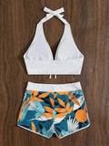 Europe and the United States swimsuit ladies print neck conservative flat Angle high waist split flat Angle bikini high waist