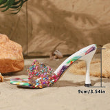 Designer Summer Open Toe Colored Rhinestones Slippers Women PVC Transparent Sexy Thin Heels Stripper Ladies Slides Shoes