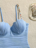 Wrinkled Shell Underwired Beads Women Swimwear One Piece Swimsuit Female High Leg Cut Monokini Bather Bathing Suit Swim Bodysuit