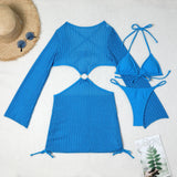 Women micro mini halter bikinis sets 3pcs with knitted long sleeve hollow out mini dress swimsuit bathing suit beach outfits