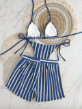 2026 Summer Women 3 Pieces Swimsuit Striped Print Halter Lace-up Backless Swimwear Sexy Micro Bikini Set Shorts Suits Beachwear