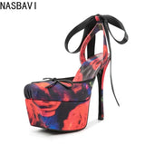 New Design Platform Women High Heeled Sandals for Woman's Square Toe Butterfly-Knot Ankle Riband Thin Heels Shoes Mujer Pumps