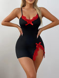 Summer Sexy Nightgown Women Comfortable Black Lace Trim V-Neck Side Slit Straps Nightdress Sleepwear Nightwear
