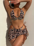2026 Summer Leopard Print 3 Pieces Suit Swimwear Reversible Sexy Halter Lace-up Bikini Set Drawstring Skirt Cover Up Beachwear