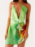 Women Spaghetti Straps Backless Asymmetric Flower Print Mini Dresses Summer Sexy Party Club Slip Dress