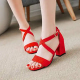 Big Size Casual Women Sandals Black Flock 7cm High Square Heels Peep Toe Summer Cross Buckle Strap Party Office Red Lady Sandals