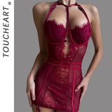 Toucheart Erotic Halter Bodysuit with Panty Lace See-through Body Shaping Patchwork Women Puredesire Sexy Flirt Hot Bodysuit Set