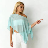 Women Loose Boat Neck Irregular Coverup Tops Casual See Through Shrug Solid Color Sheer Mesh Poncho