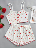 Summer Women Sleepwear Pajamas Sets Love Print Bow Dipped Crop Tops and Shorts Set Casual Loungewear Home Clothes