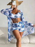 New Sexy 3 Pieces Suit for Women Neck Hanging Bikini Set+Cover-up Swimwear Sunproof Tankini High Waist Shorts Swimsuit Beachwear