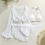Sexy 4 Pieces Bikinis Sets Women Mesh Long Sleeve Cover Up Beach Skirt Swimwear Holiday Beach Bathing Suit Patchwork Swimsuit