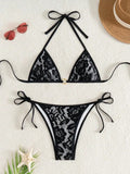 Embroidery Mesh Lace Halter High Cut Bikini Female Swimsuit Women Swimwear Two-pieces Bikini Set Bather Bathing Suit Swim Beach