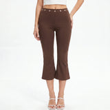 Womens Summer Cropped Pants Mid Rise Flare Trousers Stylish Casual Leg Pants with Silver Eyelet Capris