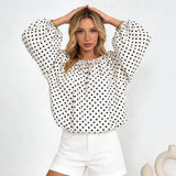 Women Puff Long Sleeve Crew Neck Spring Fall Tops Fashion Dot Print Casual Loose Fit Flowy Blouse