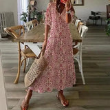 Foridol Casual Hollow Out V Neck White Lace Maxi Dress Vintage A-line Loose Embrioderied Floral Print Bohemian Long Sundress