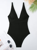 2026 V Neck Swimsuit One Piece Solid Vintage Swimwear Women One-piece Bathing Suit Female Padded Beach Wear Swimming Beachwear