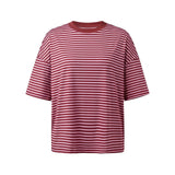 Summer Women's Loose T-shirt Casual Stylish Striped Crew Neck Short Sleeve Drop Shoulder Tee Tops