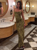 FDYOUI Sexy Elegant Chain Backless Green Floral Evening Dress for Women Sleeveless Bodycon Long Cocktail Dresses Party Club Gown