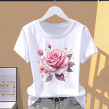Summer 2026 Pure Cotton Women's T-shirts Print Various Beautiful Flowers Tops For Women Home Daily Loose And Slimming Design Top