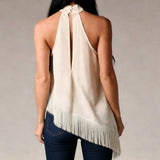Women's Summer Solid Color Satin Halter Mock Neck Tops Sleeveless Tassel Hem Loose Fit Tank Tops